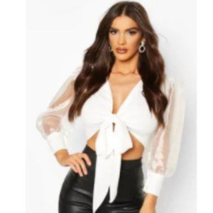 Tie Front Organza Sleeve Cropped Blouse
